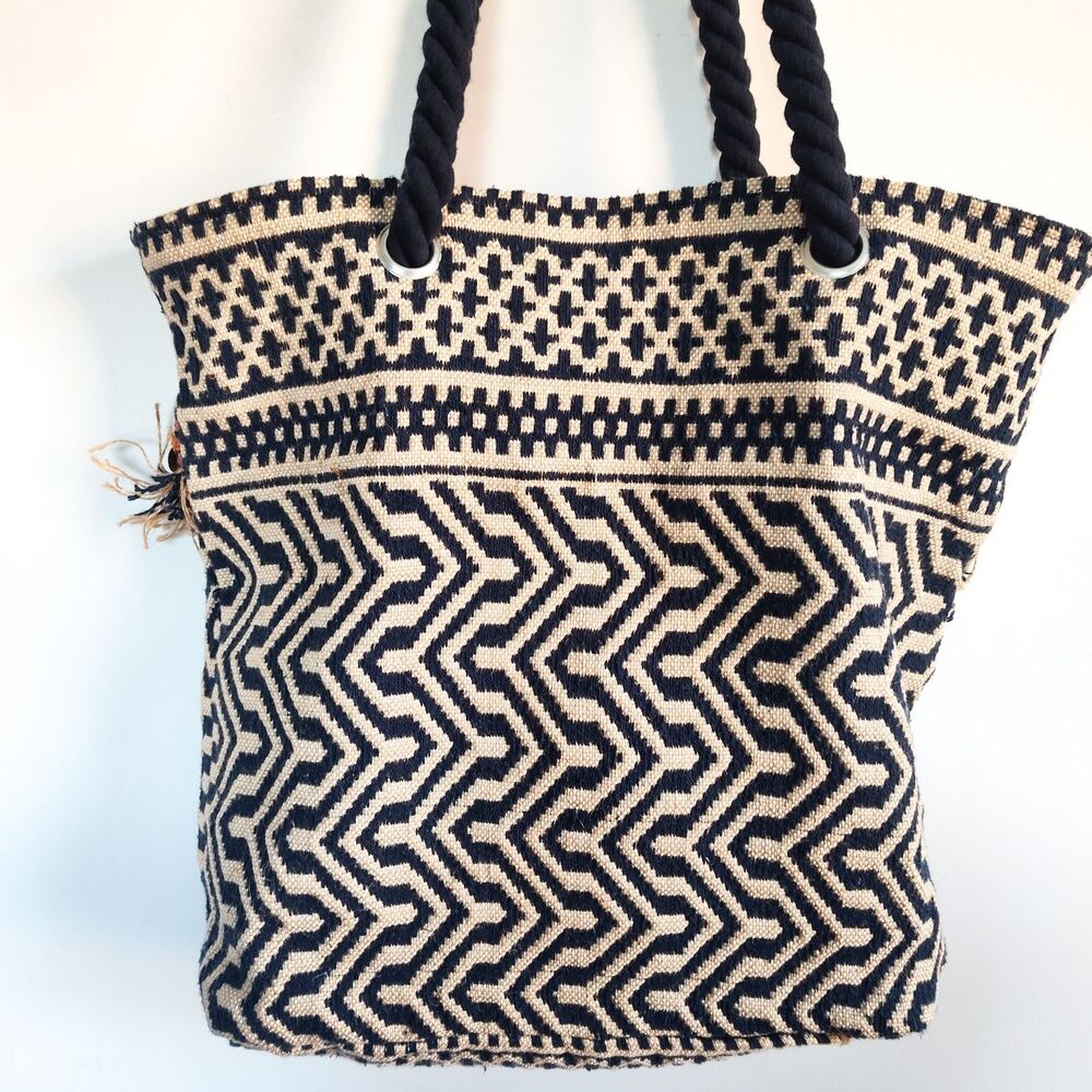 C&C California Bag Tote Woven Jute Boho Shoulder Fringe Navy Cream Coins Hippie - Picture 8 of 11